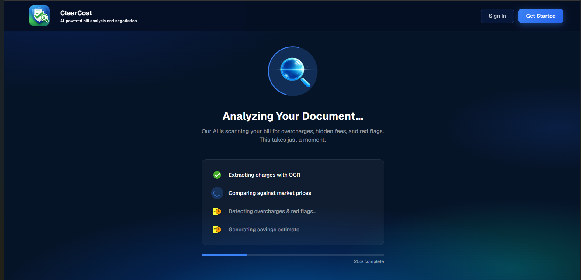 ClearCost — AI analyzing a document for overcharges and red flags