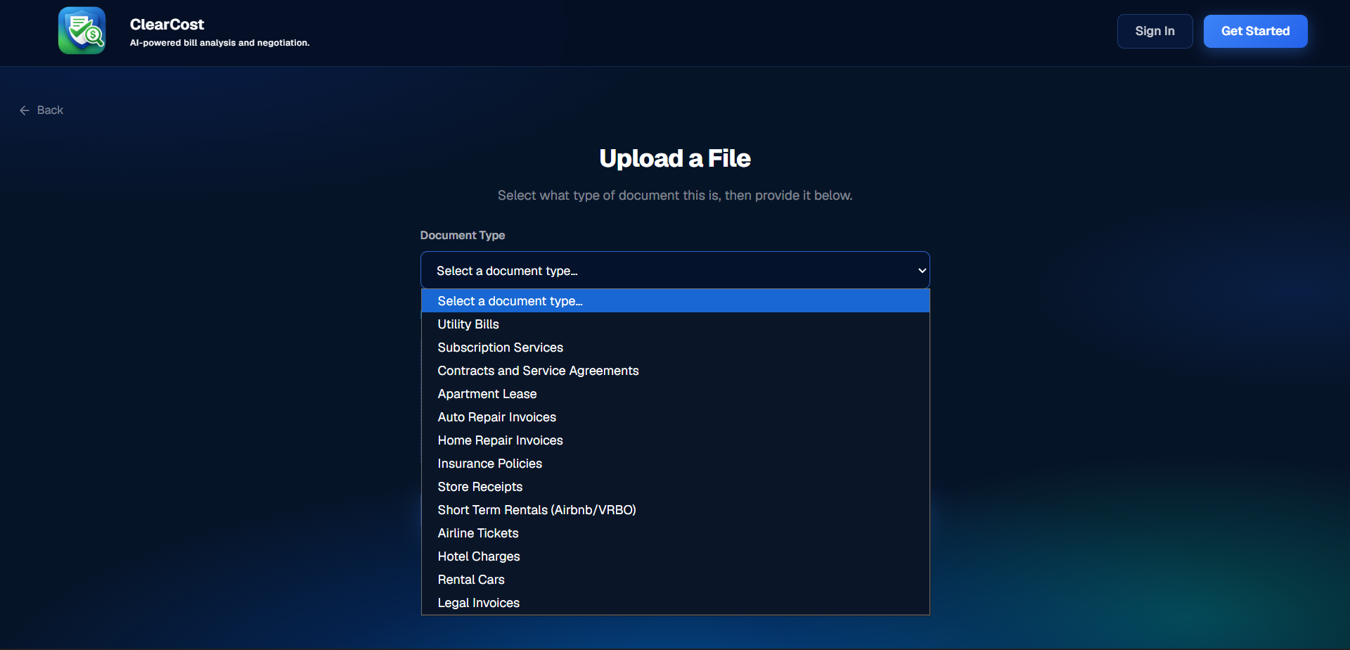 ClearCost — upload a bill and pick its document type
